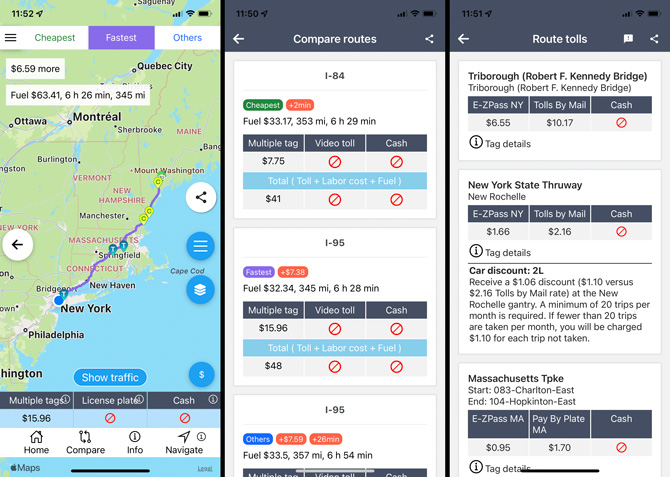 Three screenshots of the TollGuru app: From the left, the first screenshot shows a map showing the fastest route from New York City to Bates College. At the top, there are three buttons: Cheapest, Fastest, and Others. Below you see how much more the fastest route is than the cheapest route. Below are the estimated fuel cost, travel time, and miles. At the bottom of the screen are the Home, Compare, Info, and Navigate buttons. The second screenshot compares the routes with the cost for tolls broken out from the total cost for the cheapest and fastest routes. The third screenshot shows the cost for E-ZPass versus the cost of Tolls by Mail for each toll.