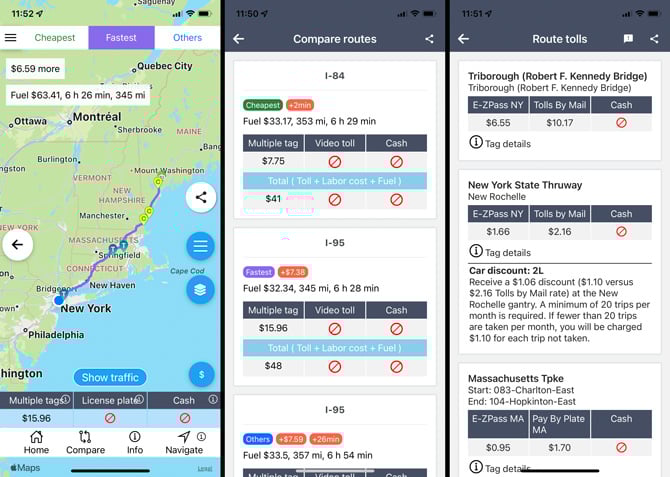 Three screenshots of the TollGuru app: From the left, the first screenshot shows a map showing the fastest route from New York City to Bates College. At the top, there are three buttons: Cheapest, Fastest, and Others. Below you see how much more the fastest route is than the cheapest route. Below are the estimated fuel cost, travel time, and miles. At the bottom of the screen are the Home, Compare, Info, and Navigate buttons. The second screenshot compares the routes with the cost for tolls broken out from the total cost for the cheapest and fastest routes. The third screenshot shows the cost for E-ZPass versus the cost of Tolls by Mail for each toll.