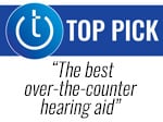 Techlicious Top Pick award log with text: The best over-the-counter hearing aid.