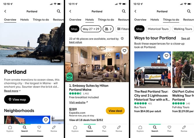 Three screenshots of the Trip Advisor app: From the left, the first screenshot shows the home screen for the city of Portland, Maine, with the menu options: Overviews, Hotels, Things to do, and Restaurants visible. Below is a picture of a lighthouse on the coast of Portland. In the second screenshot, you see the Hotels tab selected with the results of a search for a two-person stay from May 27-29. The results are sorted by best value. The Embassy Suites by Hilton Portland, Maine, is listed along with a user rating, price per night, and a link to the hotel website. The third screenshot shows the Things to do tab with listings for Ways to tour Portland, including The Real Portland Tour: City and 3 Lighthouses Historical Tour. The price of the tour is listed.