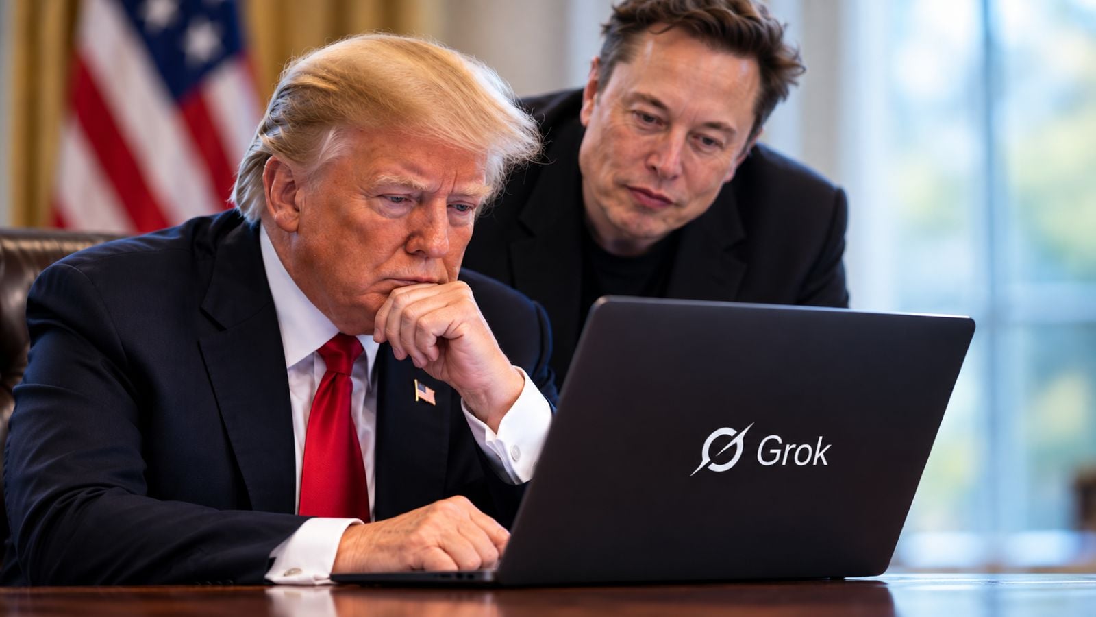 AI-generated illustration of President Donald Trump consulting Grok on a laptop while Elon Musk looks over his shoulder.