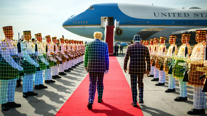President Trump bids farewell to Malaysian officials at Kuala Lumpur International Airport. An AI patterned overlay has been added on top of the people. 