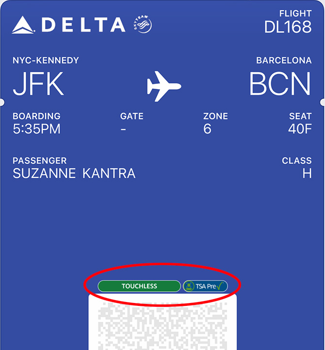 A Delta boarding pass shows the Touchless TSA Pre logo.