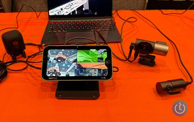 Vantrue Pilot 2 Dashcamera display is attached to an infrared camera, a rear camera, a backseat camera, and a dashcamera.