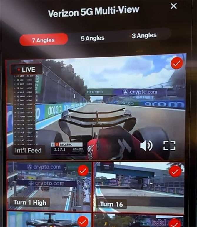 Screenshot of Verizon 5G Multi-View showing a Formula 1 race.