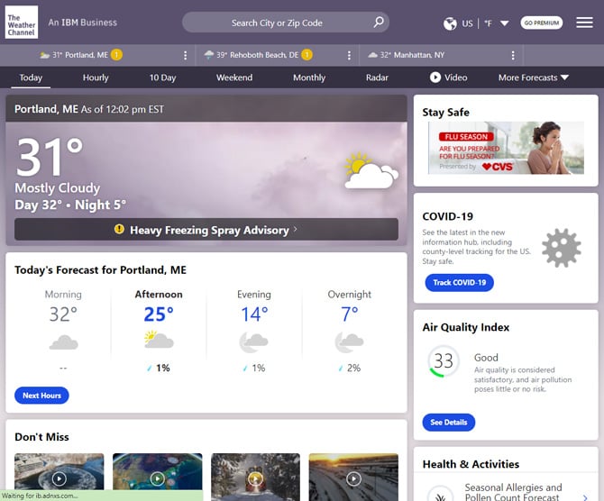 The Weather Channel local weather page showing the current conditions and high and low temperatures plus the weather advisory in the main box. Below is Today's forecast with Morning, Afternoon, Evening and Overnight conditions. Below that is a row of weather-related videos. In the right bar is a Covid-19 tracker and Air Quality Index 