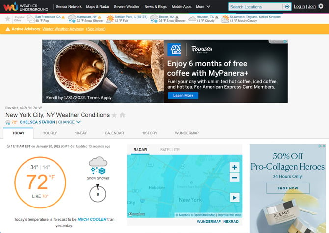 Weather Underground local forecast page with the current temperature, high and low temperatures, feels like temperature, wind speed and gusts, precipitation forecast. Below are show forecasts for Today, Tonight and Tomorrow with the temperature, chance of precipitation and a short description of the forecast.