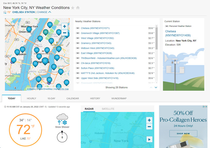 Weather Underground screenshot showing a map with the location of weather stations you can choose for your local forecast.