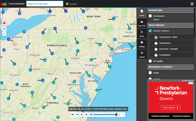 Weather Underground: interactive map showing data that you can layer on the map. From the Weather Stations data, you see Temperature/Wind selected among Temperature, Dew Point/Humidity and Precipitation. At the bottom of the map you can see a play button to show the forecast over time.
