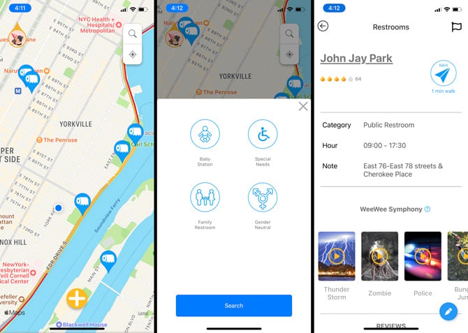 Three screenshots of the WeeWee app: From the left, the first screenshot shows a map with toilet paper icons indicating the presence of a public restroom. The second screenshot shows the filter you can apply to search: Baby Station, Special Needs, Family Bathroom, and Gender Neutral. The third screenshot shows the list for the John Jay Park bathroom with a rating, the hours it is open, the address, and the option to play one of the WeeWee Symphony sounds Thunder story, Zombie, Police.