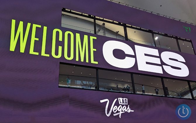 Shot of the entrance to the Las Vegas Convention Center showing the Welcome to CES 2023 Las Vegas sign