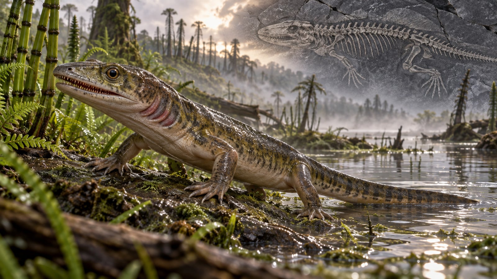 AI-generated illustration of Lizzie, a small early tetrapod, standing at the edge of a swampy prehistoric wetland, with mist, ancient plants, and a fossil skeleton inset in the background.