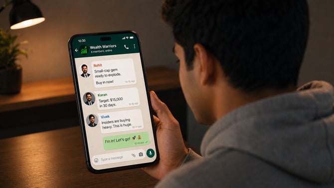 Concept image of a fake WhatsApp investment group.