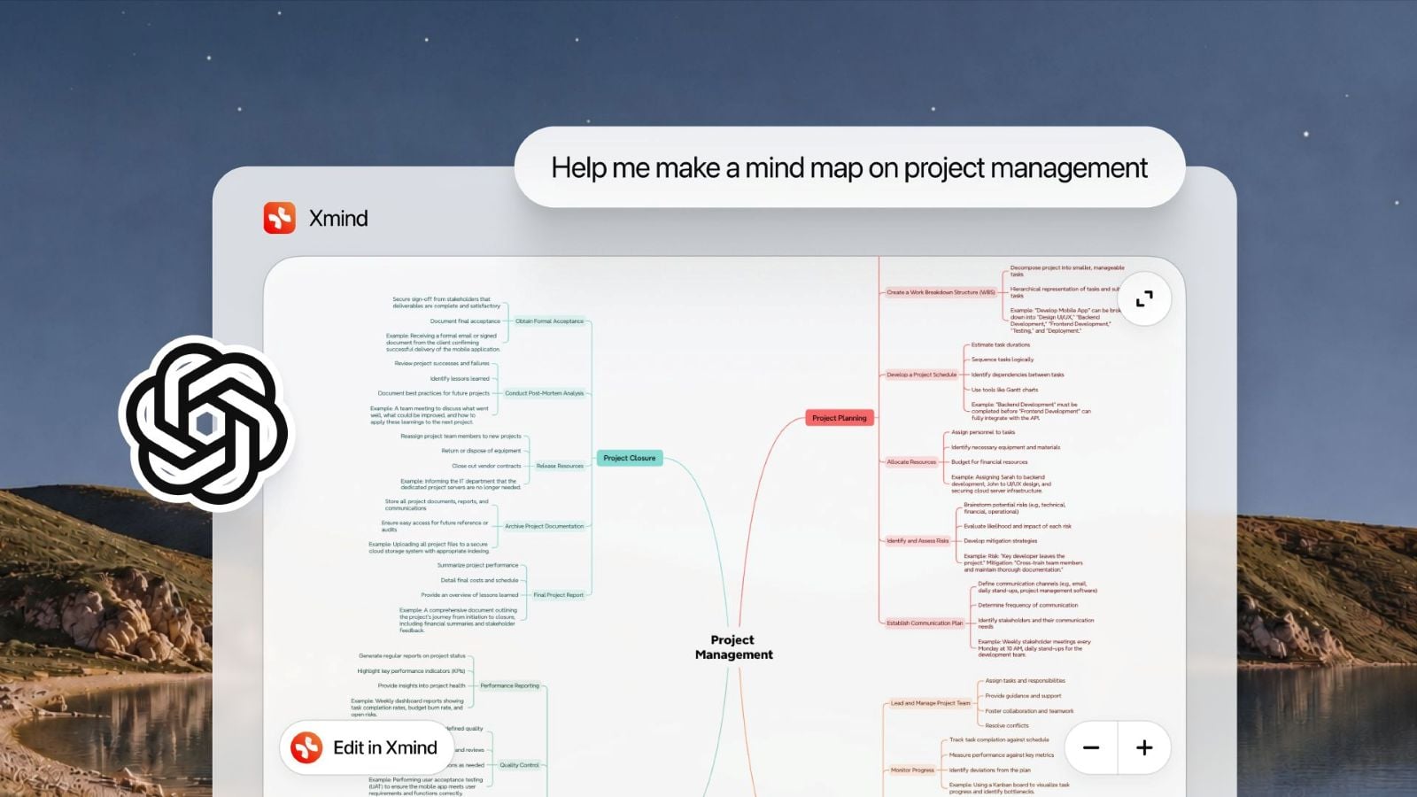 Xmind project management mind map generated from a ChatGPT prompt, showing branches for project planning, execution, and closure, with the OpenAI logo and an “Edit in Xmind” button.