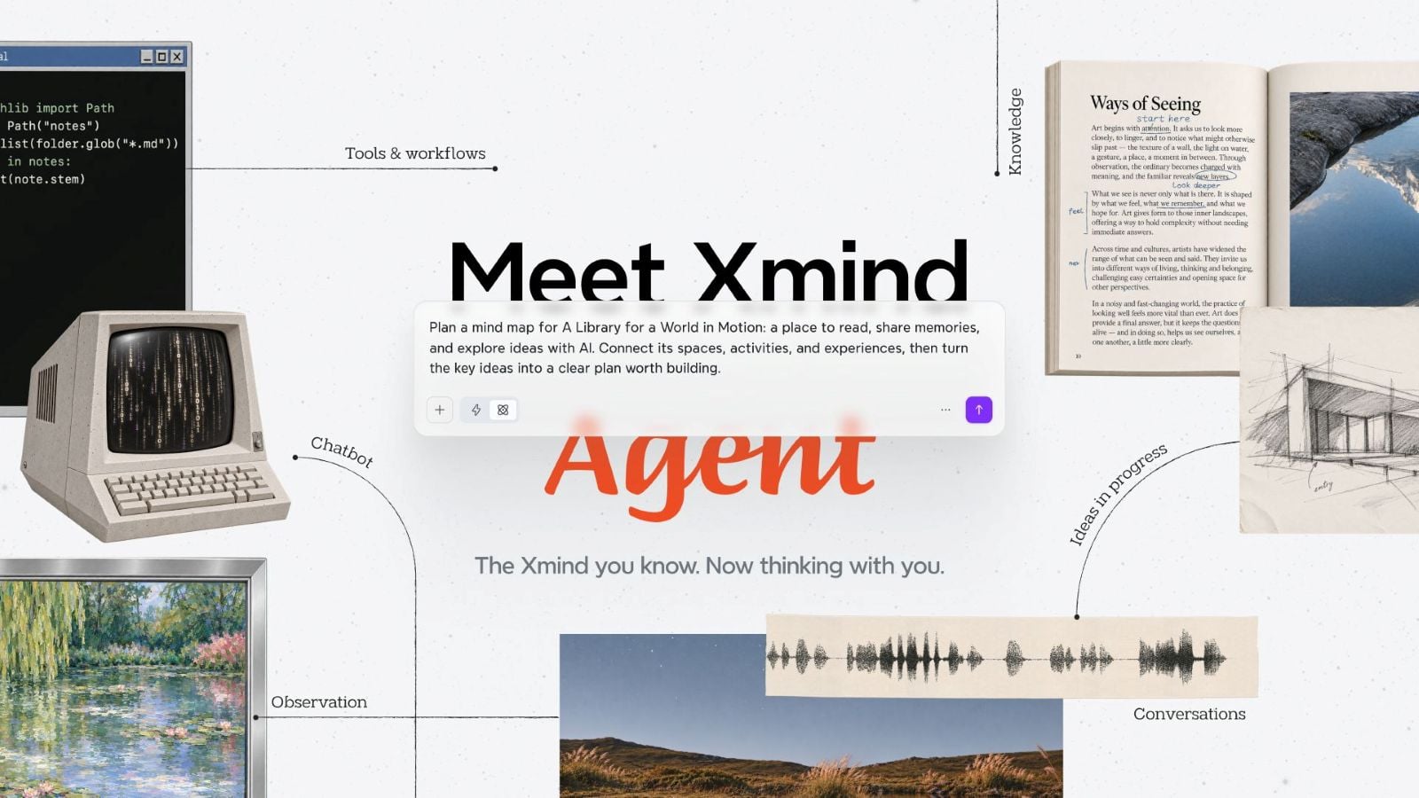 Xmind AI Agent promotional graphic featuring an AI mind-mapping prompt surrounded by books, artwork, a vintage computer, and handwritten connections representing ideas, knowledge, and collaboration.