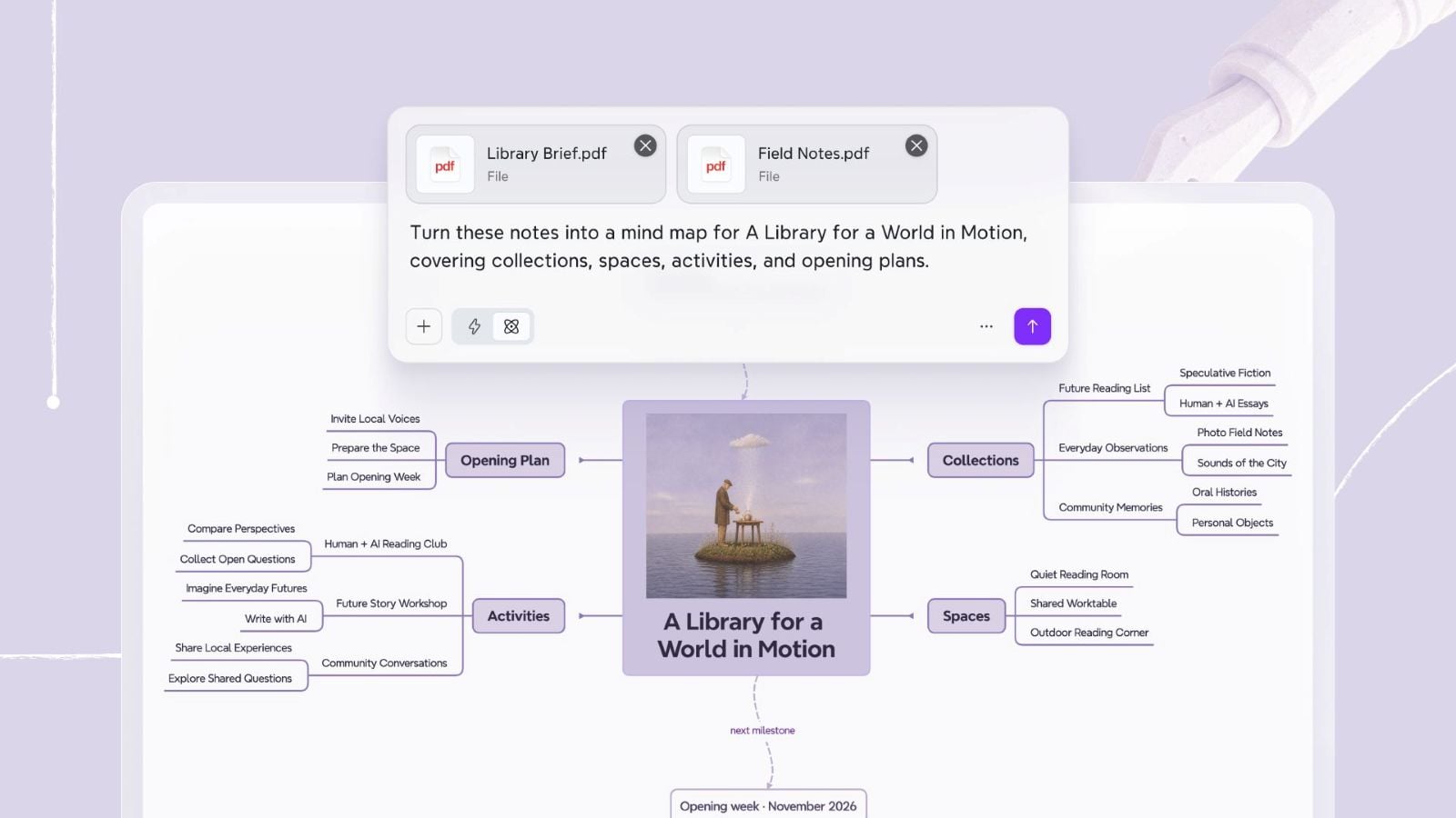 Xmind AI Agent interface showing two uploaded PDF documents being turned into a mind map titled A Library for a World in Motion, with branches for collections, spaces, activities, and opening plans.