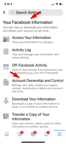 Facebook Settings screenshot with Your Facebook Information pointed out and Account Ownership and Control pointed out 
