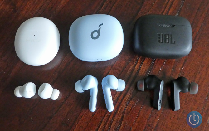 From the left, the 1MoreComfoBuds Mini, Soundcore Life P3, and the JBL TUNE230NC
