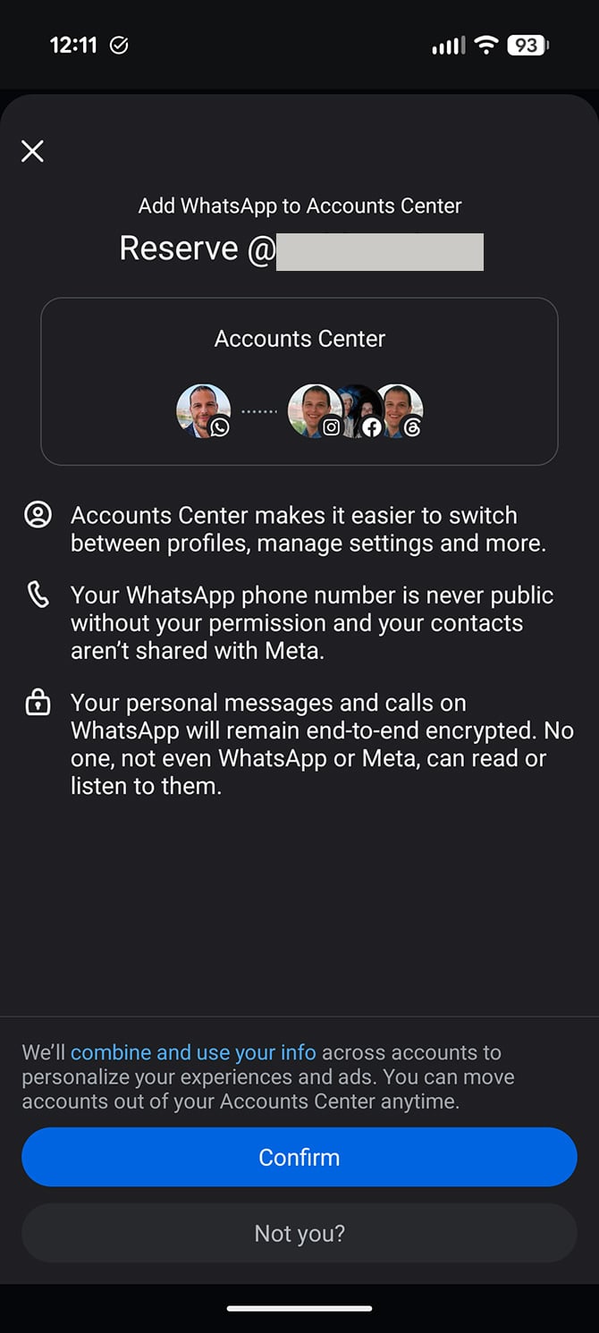 Screenshot showing WhatsApp being added to a Meta account.