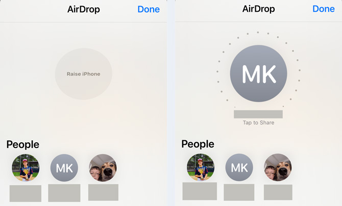 Two screenshots of AirDrop. In the first screenshot you see a circle with Raise iPhone above three circles, two with photos and one with the initials MK. In the second screenshot, you see the initials MK in the big circle with Tap to Share below and the same three little circles below.