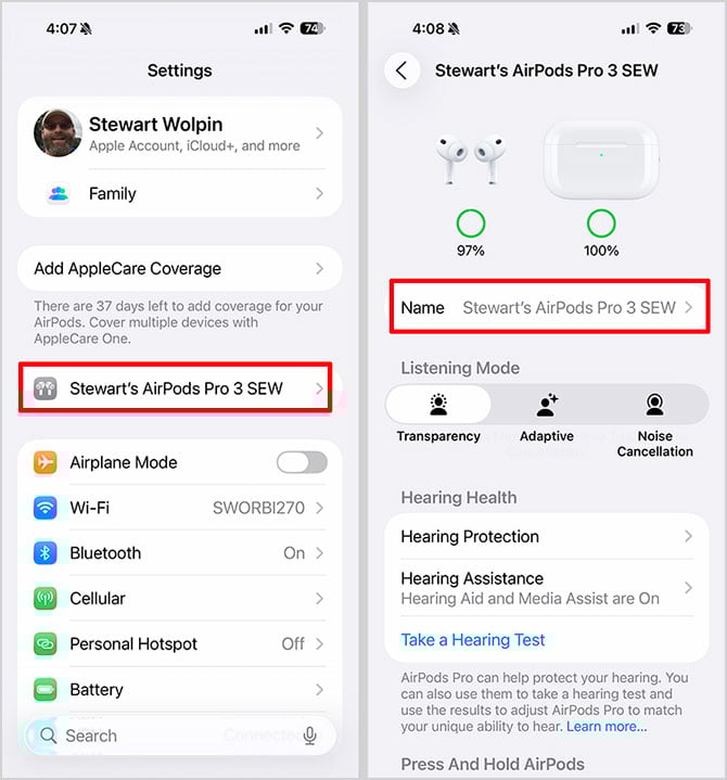 Two screenshots: On the left you see the main Settings page and on the right you see the main AirPods settings page.