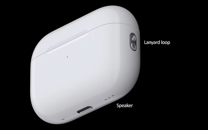 AirPods Pro case with the lanyard loop and speaker pointed out.
