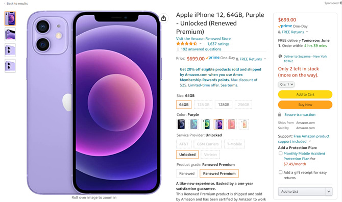 Screenshot of Amazon iPhone 12 listing for a Renewed Premium phone.