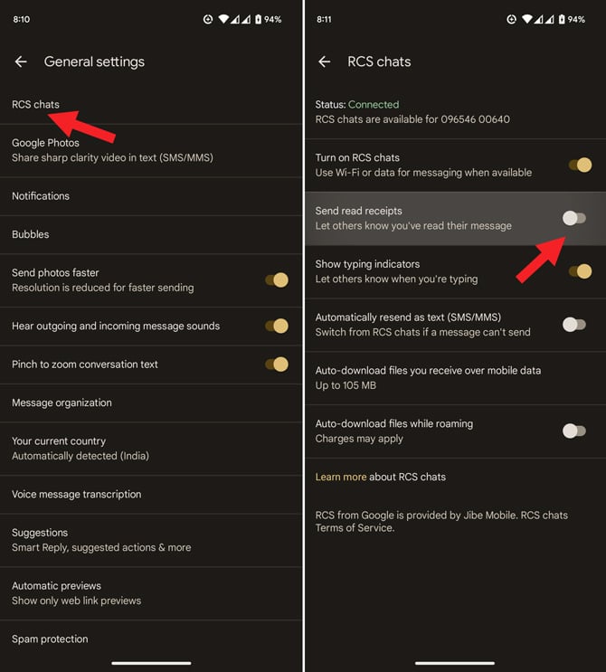 Two screenshots of Android Settings. On the left you see the General Setting screen with RCS chats pointed out. On the right you see the RCS chats Setting screen with the option to Send read receipts toggle pointed out.