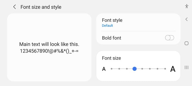 Screenshot of Samsung Android phone settings for Font size and style. You can see a sample of the text, a toggle for bold font, a clickable link to additional fonts, and a slider bar to select font size. 