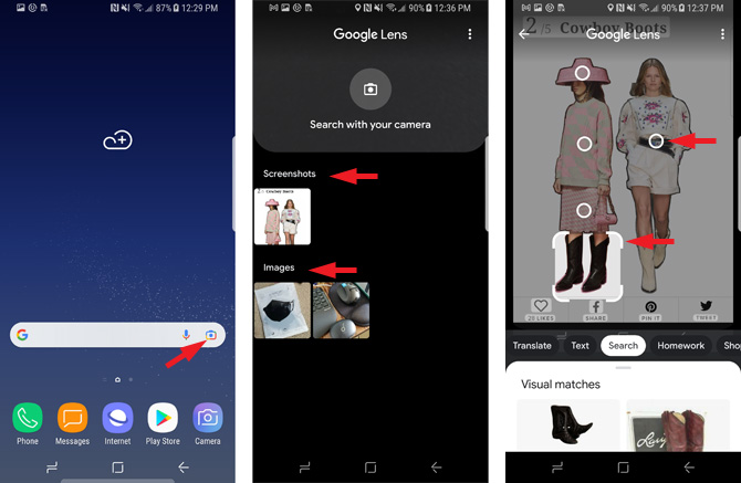 Three screenshots: From the left, the first screenshot shows the Android home screen with the Google search bar - it has the G on the left and the mic and camera icons (pointed out). The 2nd screenshot shows Google Lens at the top with a camera button below and text below - Search with your camera. Below that are Screenshots with thumbnails of images and Images with thumbnails of photos you've taken. In the 3rd screenshot you see Google Lens at the top. There is a photo of two women with white dots on one woman's hat, top, and skirt, and brackets around her boots. On the second woman there is a white dot over her belt. Below are the words Translate, Text, Search (highlighted), Homework. Beneath that are visual matches for the boots.  