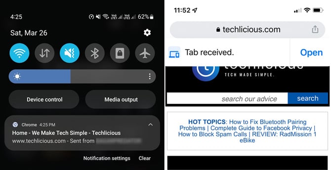 Two screenshots. The one on the left shows a notification of a page sent to Chrome on an Android phone. The screenshot on the right show the notification of a page sent to an iPhone.