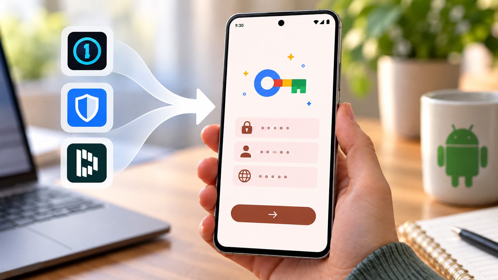 Android phone showing passwords being imported into Google Password Manager from 1Password, Bitwarden, and Dashlane.