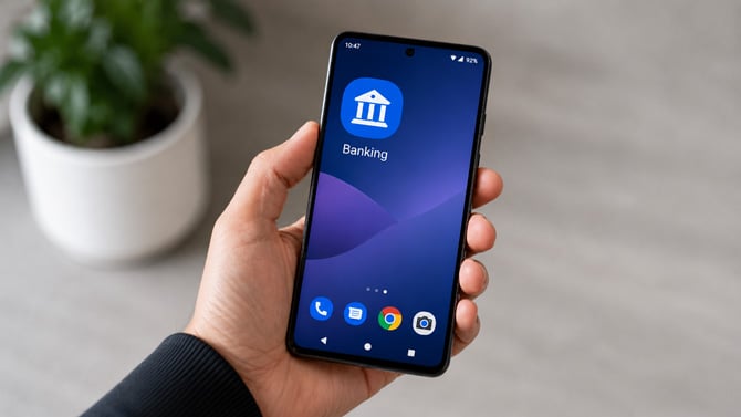 A concept image shows a generic banking app on a phone.