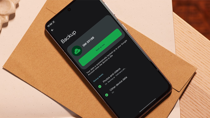 Android phone shows a screenshot of Google Drive backup.