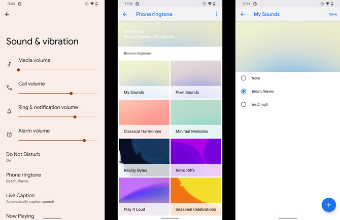 Three screenshots of the stock Android Audio settings. From the left, there is a screen entitled Sound & vibration with options to control media volume, call volume, ring & notification, alarm volume, as well as Do Not Disturb, Phone ringtone and Live Caption. In the second screenshot entitled Phone ringtone, you see Browse ringtones with the categories My Sounds, Pixel Sounds, Classical Harmonies, Minimal Melodies, Reality Bytes, Retro Riffs, Play It Loud and Seasonal Celebrations. In the third screenshot entitled My Sounds you see options to select None, Beach_Waves, test2.mp3 and a plus sign in the lower right corner.