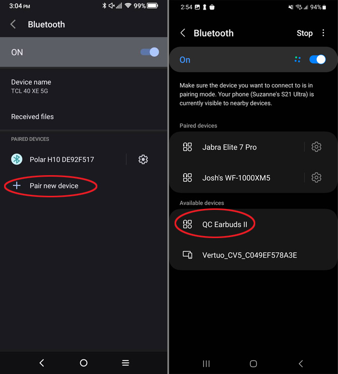 Two screenshots of Bluetooth Settings. On the left you see a plain Android Bluetooth screen with the option to Pair new device circled in red. On the right, you see the Samsung Bluetooth screen with an option to Connect to the Bose QC Earbuds II..