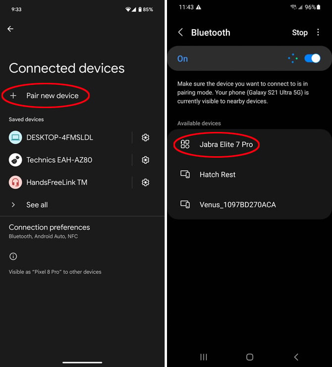 Two screenshots of Bluetooth Settings. On the left you see a Pixel Bluetooth screen with the option to Pair new device circled in red. On the right, you see the Samsung Bluetooth screen with an option to Connect to the Jabra Elite 7 Pro..