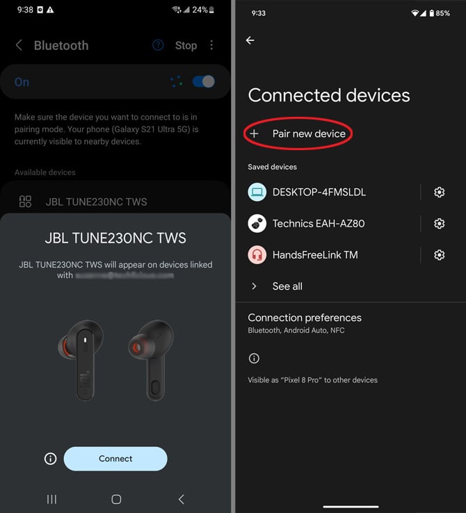 Two screenshots of Bluetooth Settings. On the left, you see the Samsung Bluetooth screen with an option to Connect to the JBL TUNE230NC TWS. On the right you see an Pixel Bluetooth screen with the option to Pair new device circled in red.