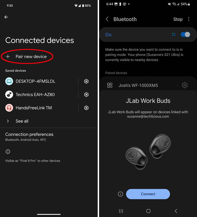 Two screenshots of Bluetooth Settings. On the left you see a Pixel Bluetooth screen with the option to Pair new device circled in red. On the right, you see the Samsung Bluetooth screen with an option to Connect to the JLab Work Buds.