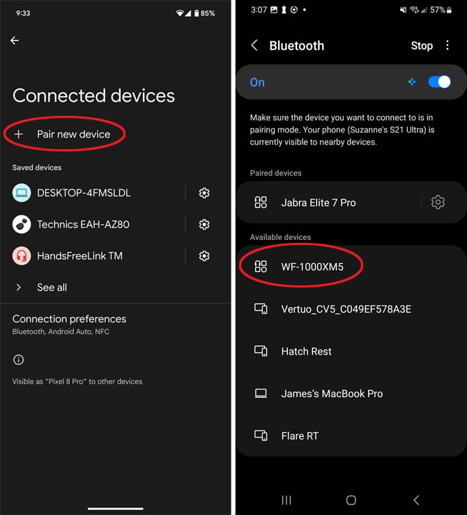 Two screenshots of Bluetooth Settings. On the left, you see a Pixel Bluetooth screen with the option to Pair new device circled in red. On the right, you see the Samsung Bluetooth screen with an option to Connect to the sony WF-1000MX5.
