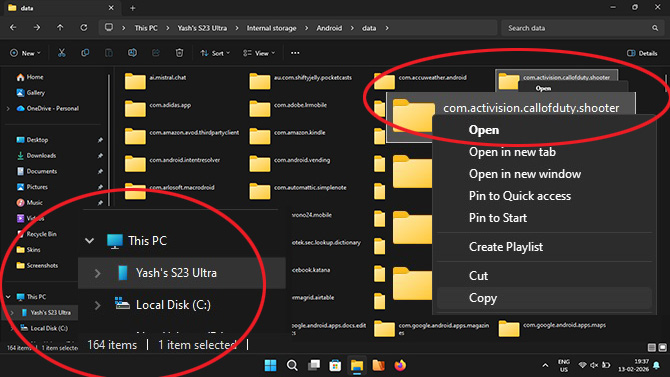 Using File Explorer to copy a game’s data folder on an Android phone.
