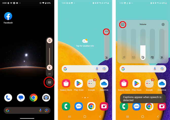 Three screenshots of Android volume menu. On the left is the Google Pixel volume menu with the caption button circles. In the center is the Samsung Galaxy menu with the triple dot volume menu icon circled. On the right is the Samsung Galaxy volume expanded menu with the caption button circled. 