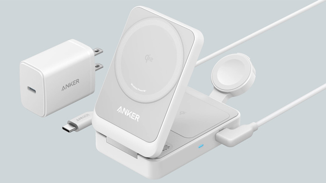 Anker MagGo Wireless Charging Station shown with its charging brick and cable.