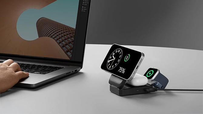 Anker MagGo 3-in-1 Wireless Charging Station next to laptop