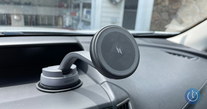 Anker 613 Magnetic Wireless Charge attached to dashboard of car