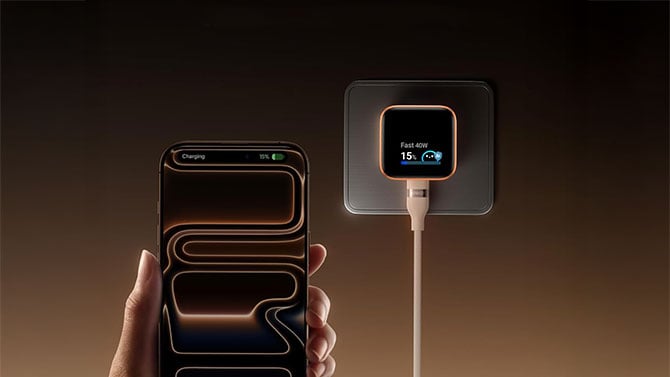 Anker Nano 45W USB-C charger with Smart Display showing the charging speed of the iPhone