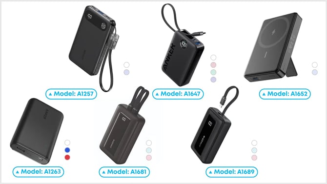 Powerbanks affected from the top left clockwise: A1257, A1647, A1652, A1263, A1681, and A1689