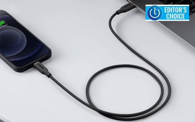 Anker PowerLine III Flow USB-C to Lighting cable plugged into iPhone and laptop computer. Techlicious Editor's Choice award logo in upper right.