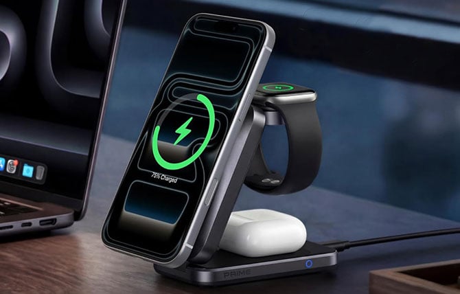 Anker Prime 3-in-1 Qi2.2 MagSafe Compatible 25W Wireless Charging Station with a phone charging on the front and an Apple Watch and iPods on the back