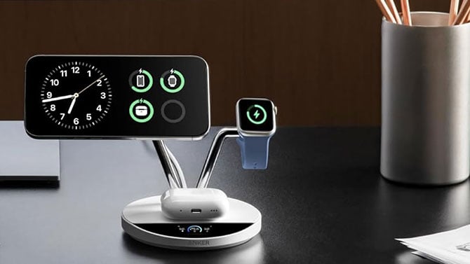 Anker Prime 3-in-1 Qi2.2 MagSafe Compatible 25W Wireless Charging Station with an iPhone, Apple Watch, and iPods charging